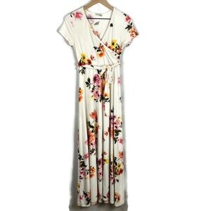 MOTHER BEE Maternity Cap Sleeve V-Neck Faux Wrap Maxi Dress White Size Large